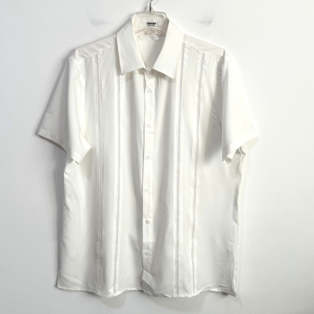 Coofandy Cuban Guayabera Shirt L Short Sleeve Button Down Summer Beach White NEW